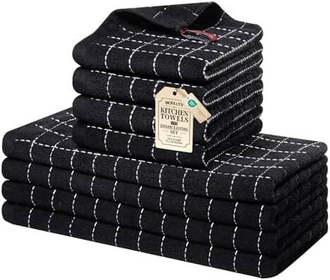 Homaxy Cotton Terry Kitchen Towels and Dishcloths Set of 8, Black