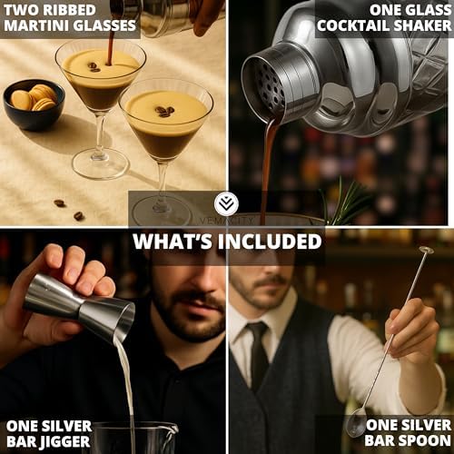 VEMACITY Silver Cocktail Shaker Set + 2 Ribbed Martini Glasses & Bar