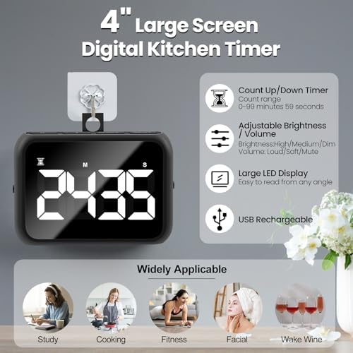 USB Rechargeable Digital Kitchen Timer, Large LCD Display