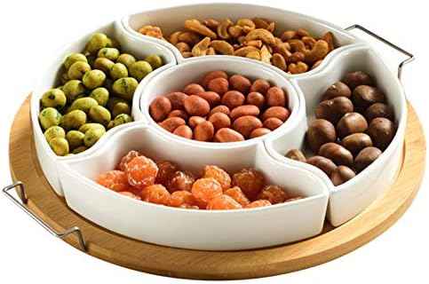 yarlung 11 Inch Ceramic Divided Serving Dishes with Bamboo Platter, Appetizer Tray 5 Removable Snacks Bowls for Candy and Nut, Chips and Dips, No Lid Included
