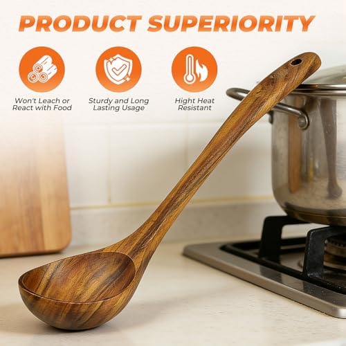 2Pcs Wooden Ladle and Spatula, Natural Acacia Long Handle, Large