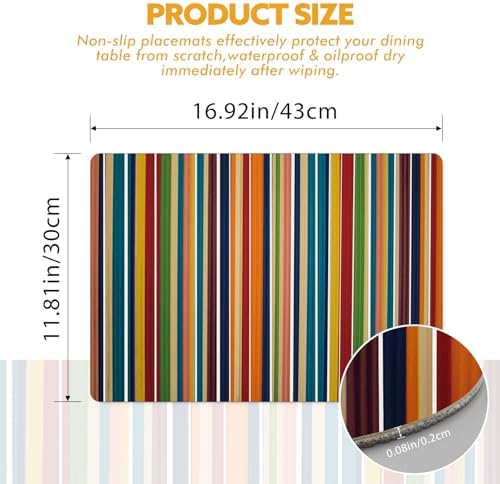 Colorful Stripes Placemats Set of 4, Rainbow Vertical Stripe Faux