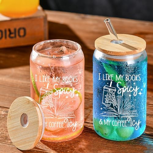 Book Lovers Gifts Idea, 16 oz Cute Glass Cups with Lids and Straws