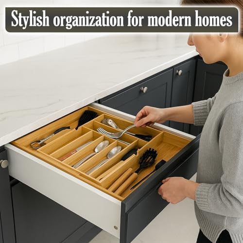 9-Slots Bamboo Drawer Organizers for Kitchen, Expandable Silverware