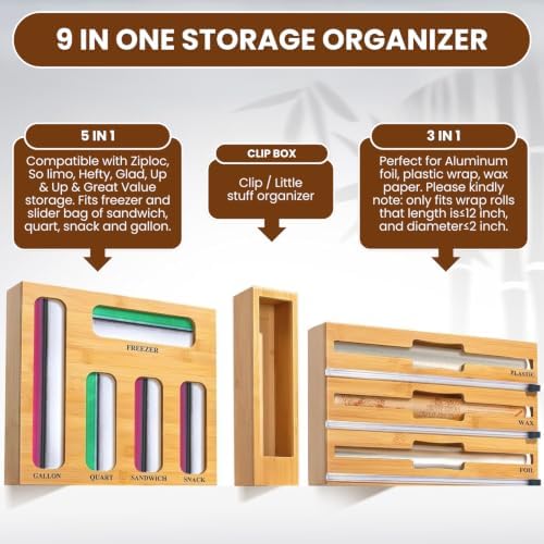9 in 1 Bamboo Kitchen Drawer Storage Bag Organizer with Cutter