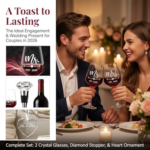 DHQH Mr and Mrs Wine Glasses Gift Set, Engagement Wedding Gifts for