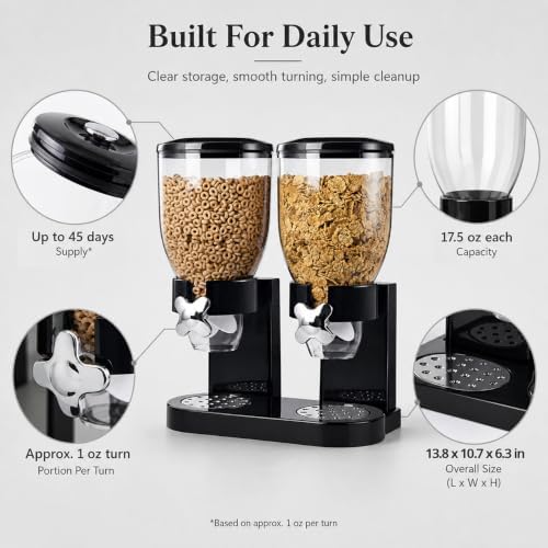 QWORK Double Dry Food Dispenser, 17.5Oz Capacity Each, Dry Cereal Grain Dispenser, Keeps Ingredients Fresh