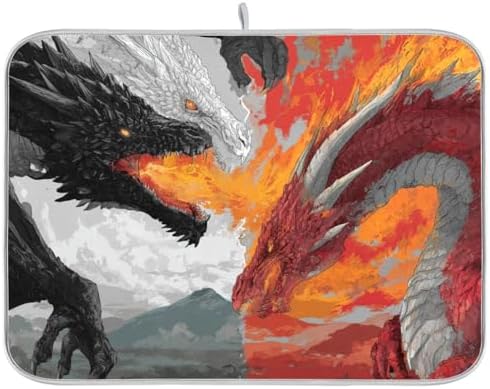 OTVEE Fire Dragon Ice Dragon Art Dish Drying Mat for Kitchen Counter