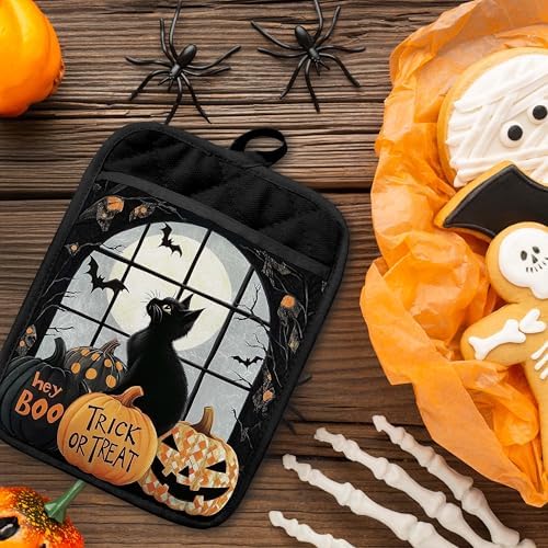 Black Cat Pumpkin Halloween Pot Holders, Set of 2