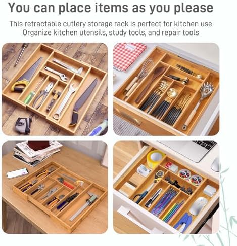 100% Bamboo Expandable Drawer Organizer - Adjustable Utensil and