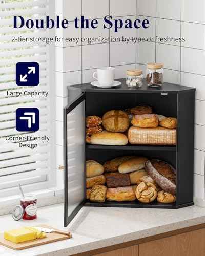 Kitsure Wooden Corner Bread Box for Kitchen Countertop, Large, Black