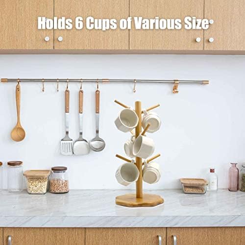 Bamboo Countertop Mug Tree Stand with 6 Hooks, Octagon Base Coffee Cup