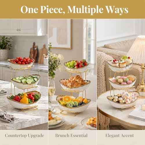 3 Tier White Ceramic Fruit Bowl with Gold Metal Stand, Modern Tiered Fruit Basket Rack for Kitchen Countertop, Large Storage Organizer for Fruit Vegetable Snacks Bread