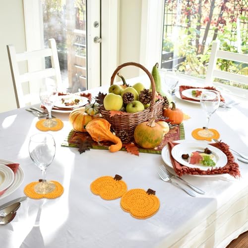 UPINS 6Pcs Pumpkin Crochet Coasters,Fall Themed Drinks Coasters Set