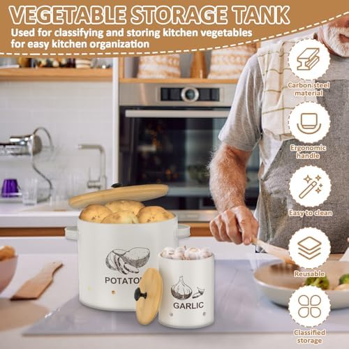 3Pcs Vegetable Storage Tin with Bamboo Lid, Carbon Steel Stackable