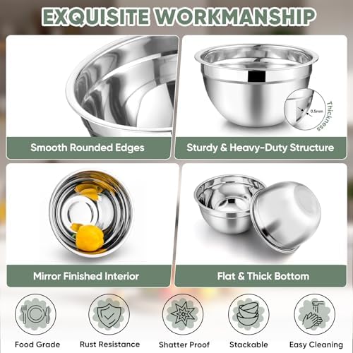 TeamFar Mixing Bowls Set of 5, Stainless Steel Metal Salad Bowls with