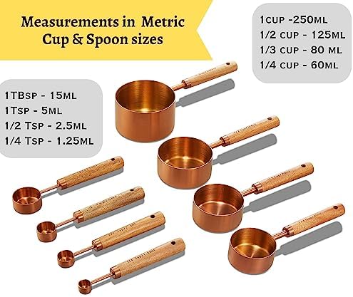 Copper Stainless Steel Measuring Cups and Spoons Set of 8, Wooden