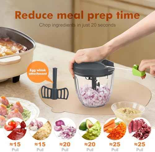 Ibergrif Manual Food Processor Vegetable Chopper, Portable Onion Chopper Garlic Mincer with Hand Pull String Cutter for for Veggies, Ginger, Egg, Fruits, Nuts, Herbs, 900ml, for Kitchen, Camping, RV