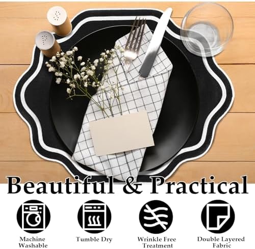 Breling 6 Pcs Cotton Placemats Cotton, Scalloped Edge Black, White