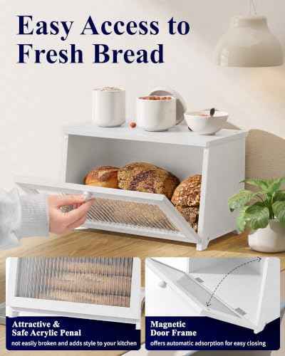 Kitsure Wooden Bread Box for Kitchen Countertop, 1-Tier, White