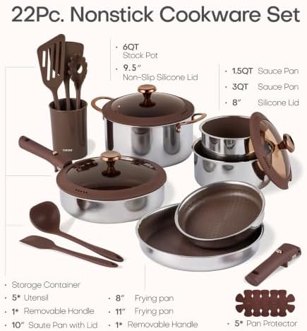 CAROTE 22pcs Hybrid Nonstick Pots and Pans Set, Stainless Steel