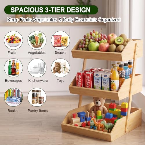 3 Tier Fruit Basket - Bamboo Fruit Bowl for Kitchen Counter, Large Tiered Storage for Bread Snacks Veggies, Durable & Easy to Assemble Stand for Countertop Organizer