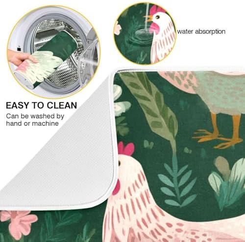 OTVEE Charming Hen Flower Decor Dish Drying Mat for Kitchen Counter