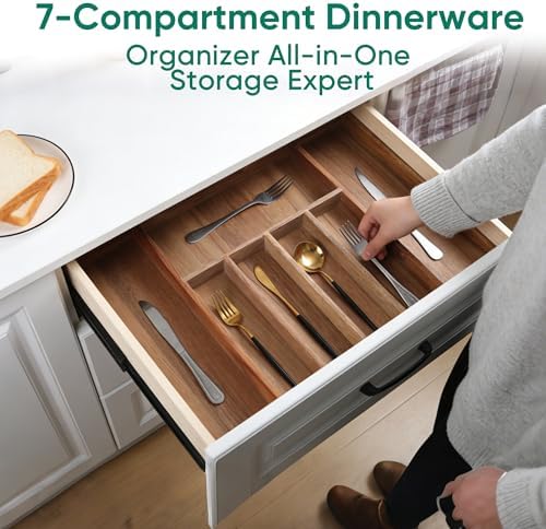 Acacia Wood Silverware Organizer, 7-Compartment Expandable Drawer Tray