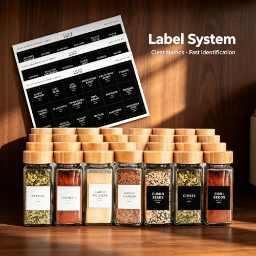 Glass Spice Jars with Label, 24Pk Bamboo Jar Spices Set 4Oz