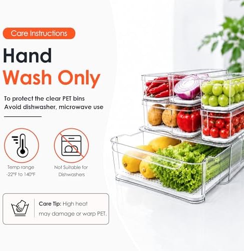SMRCAD Clear Fridge Bins with Drain Trays - BPA-Free PET, Stackable(6 Pack)
