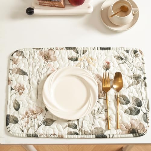 DaDalogy Quilted Placemats Set of 4 - Washable Floral Cloth Table Mats