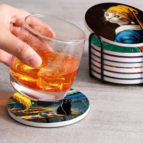 4inch Round Fun cat-Themed Marble Coaster with Storage Rack 8pcs