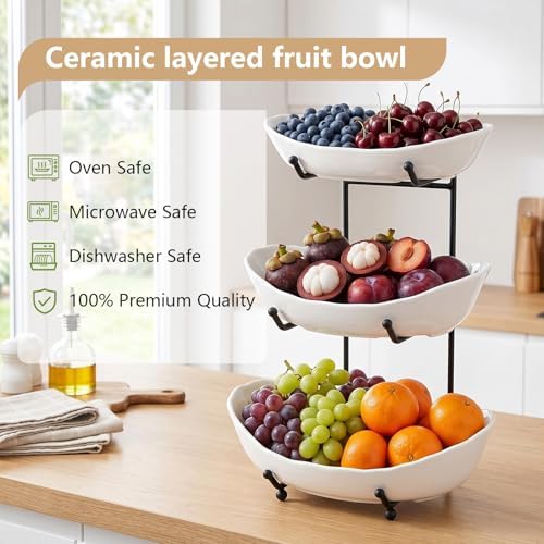 Ceramic Fruit Bowl for Kitchen Counter, 3 Tier Fruit Basket with Metal Stand, Tiered Fruit Stand for Countertop, Snack, Nuts, Cake, Dessert (3 tier)