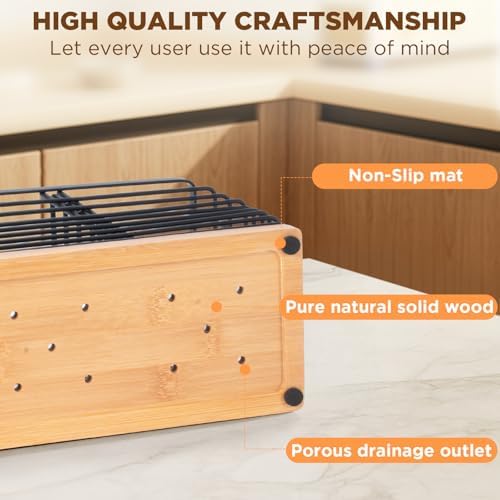 Nigelia 4 Compartments Extra Large Kitchen Utensil Holder with Wooden Base, Metal Organizer for Kitchen Countertop, Matte Black Cooking Utensils Holder with 4 Hooks for Tools Storage