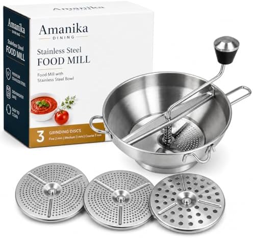 Food Mill Stainless Steel, 2 Qt Manual Food Mill with 3 Discs