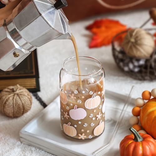 Fall Pumpkin Glass Cups 16oz Iced Coffee Glass Cup with Lid and Straw
