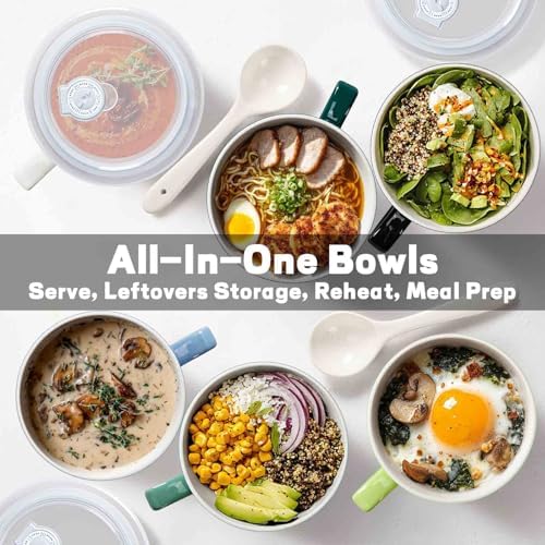 Soup Bowls with Handles & Spoons, 30oz Ceramic Ramen Bowl with Lid