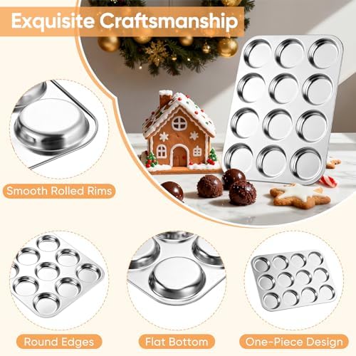 TeamFar Muffin Top Pan, 12 Cavity Stainless Steel Shallow Cupcake Pan