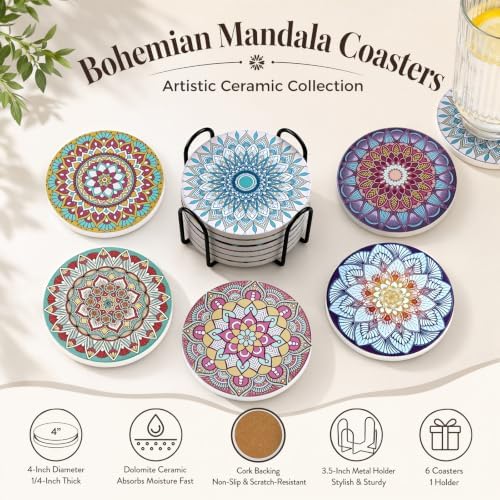 Coasters for Drinks with Holder, Absorbent Ceramic Coasters Set of 6