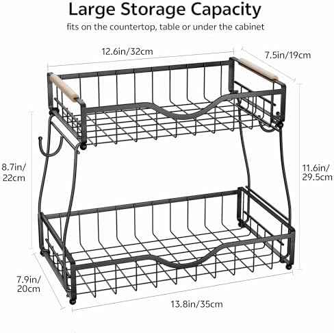 2 Tier Fruit Basket for Kitchen Countertop with 2 Banana Hangers,Detachable Metal Fruit Bowl with Wooden Handles and Protective Pads,Large Capacity Fruit and Vegetable Basket Organizer,Black