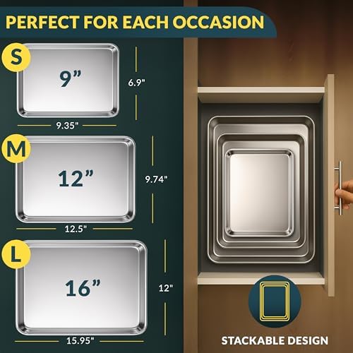 Stainless Steel Cookie Sheet Set of 3, 9/12/16" Baking Sheet Pans