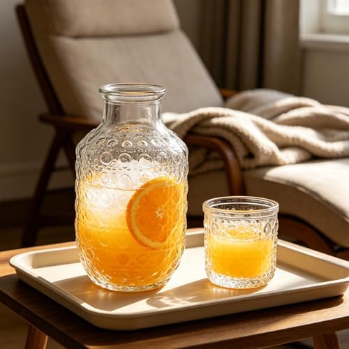 2 Sets Vintage Bedside Water Carafe and Glass Set, 4 Pcs 14Oz Clear