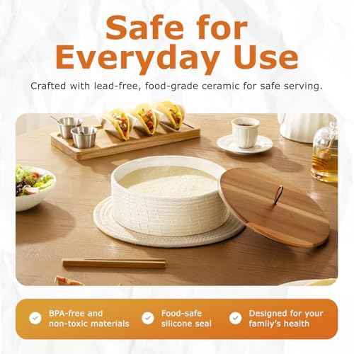 JUMBO Ceramic Tortilla Warmer with Acacia Wood Lid - 8.8" Extra Large