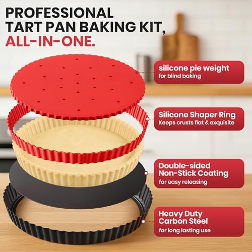 Tart Pan 9 Inch Removable Bottom Set,Non-stick Fluted Quiche Pan Pie