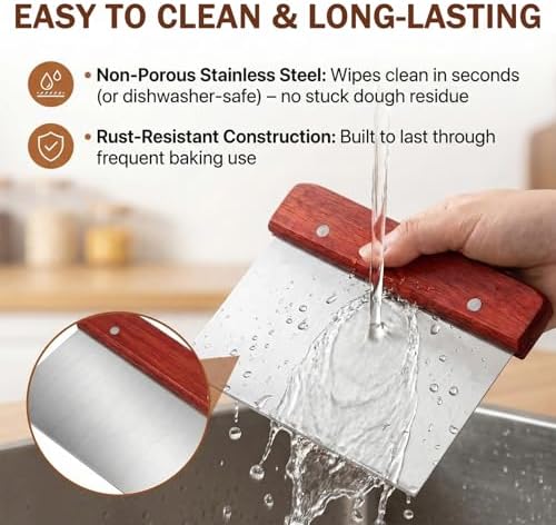 Bench Scraper, Stainless Steel Dough Scraper with Wooden Handle Cake