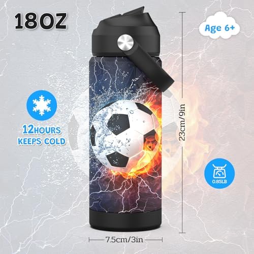 Boys Soccer Water Bottle for School,Kids 18 oz Insulated Stainless