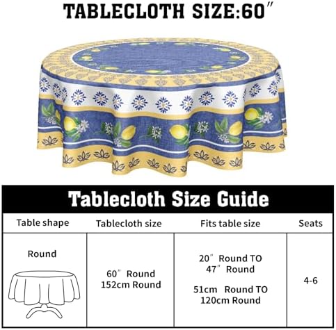 Lemon Round Tablecloth 60 Inch Blue Yellow French Country Style Fruit