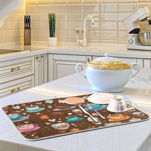 OTVEE Coffee Treat Art Dish Drying Mat for Kitchen Counter Absorbent