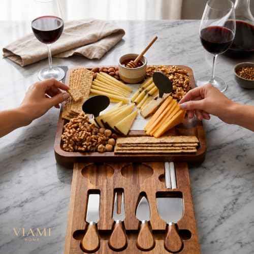 Acacia Cheese Board Set with Marble Style Slate