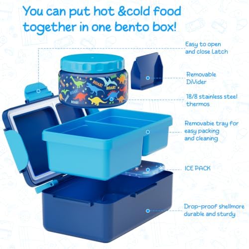 Bento Lunch Box for Kids–3 Compartment Leak Proof Insulated Lunch